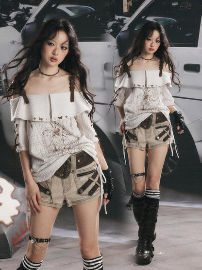ALL iN plan Grey White Printed Tie Off Shoulder Women&