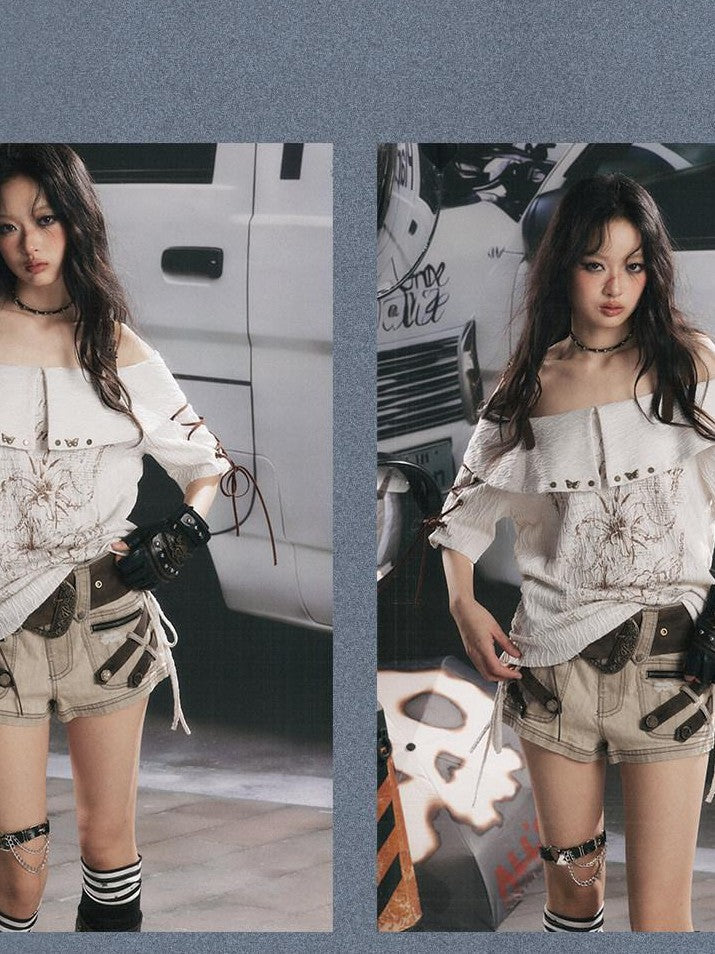 ALL iN plan Grey White Printed Tie Off Shoulder Women&