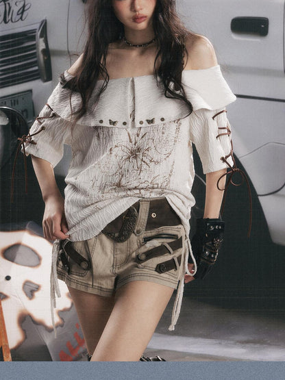 ALL iN plan Grey White Printed Tie Off Shoulder Women&