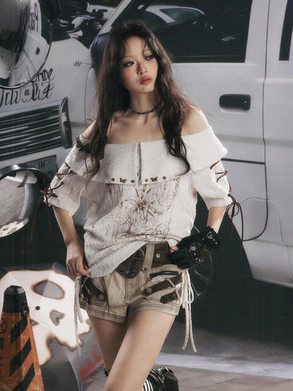 ALL iN plan Grey White Printed Tie Off Shoulder Women&