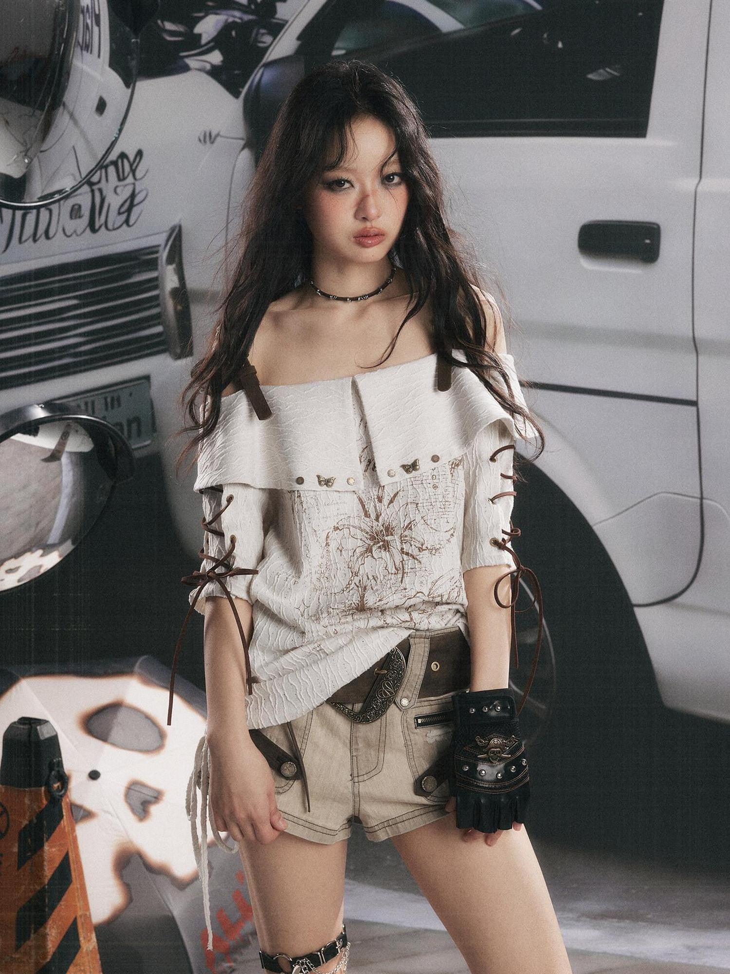ALL iN plan Grey White Printed Tie Off Shoulder Women&