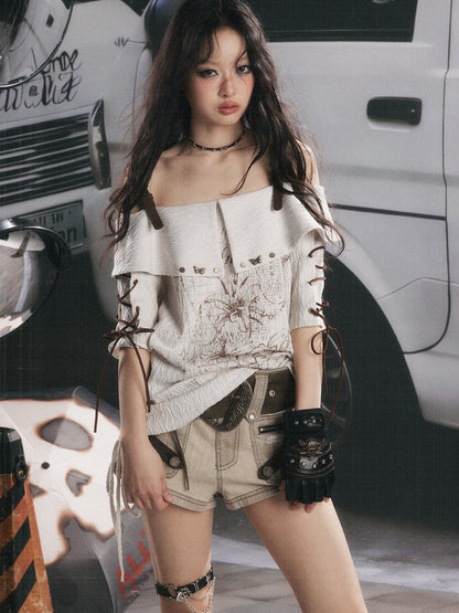 ALL iN plan Grey White Printed Tie Off Shoulder Women&