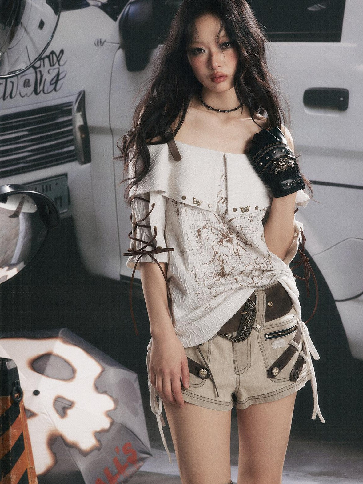 ALL iN plan Grey White Printed Tie Off Shoulder Women&