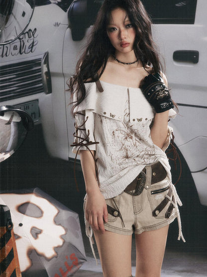 ALL iN plan Grey White Printed Tie Off Shoulder Women&