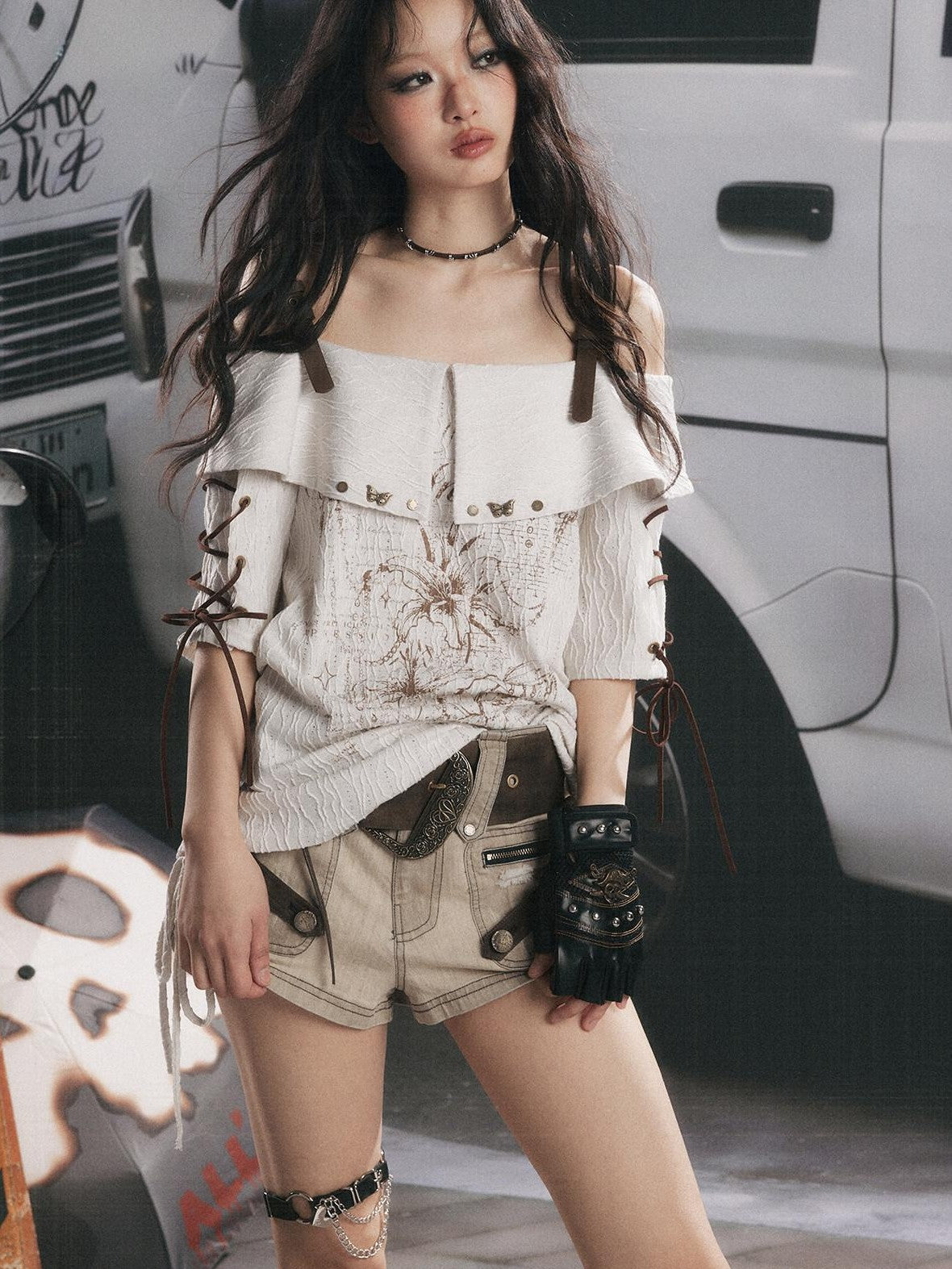 ALL iN plan Grey White Printed Tie Off Shoulder Women&