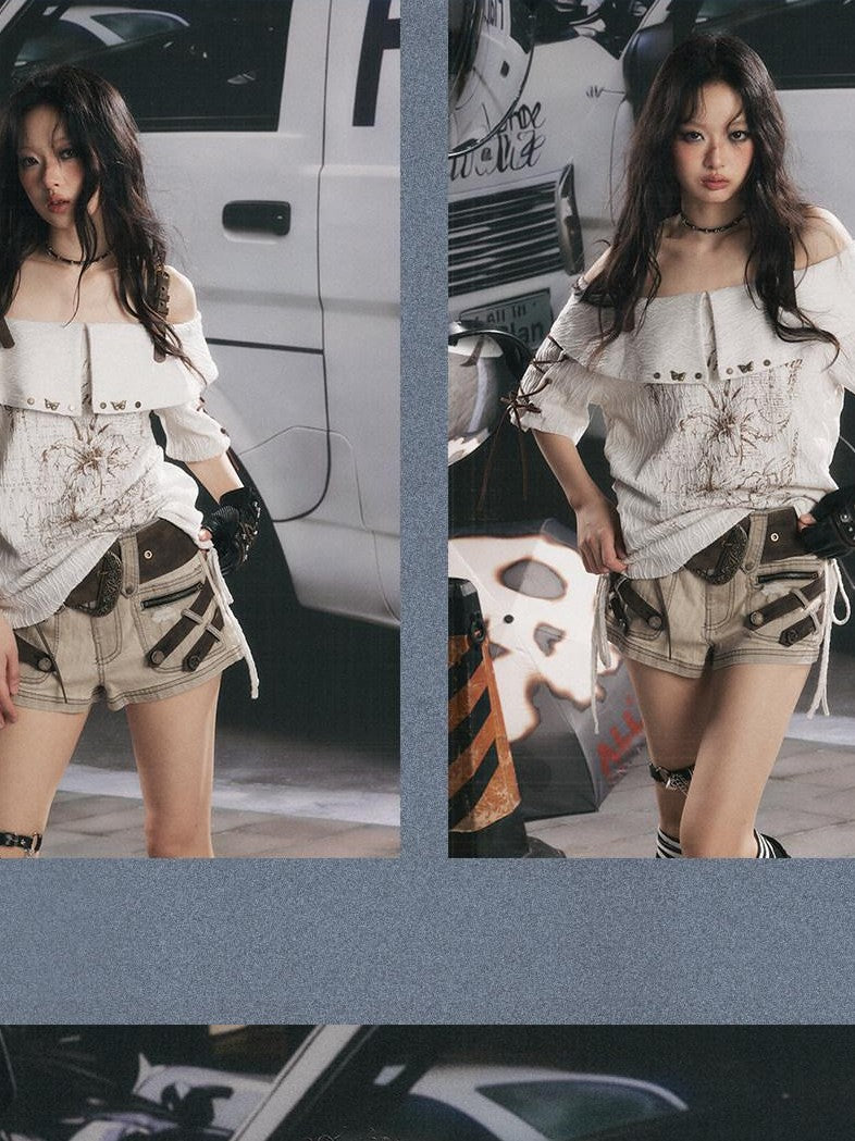 ALL iN plan Grey White Printed Tie Off Shoulder Women&