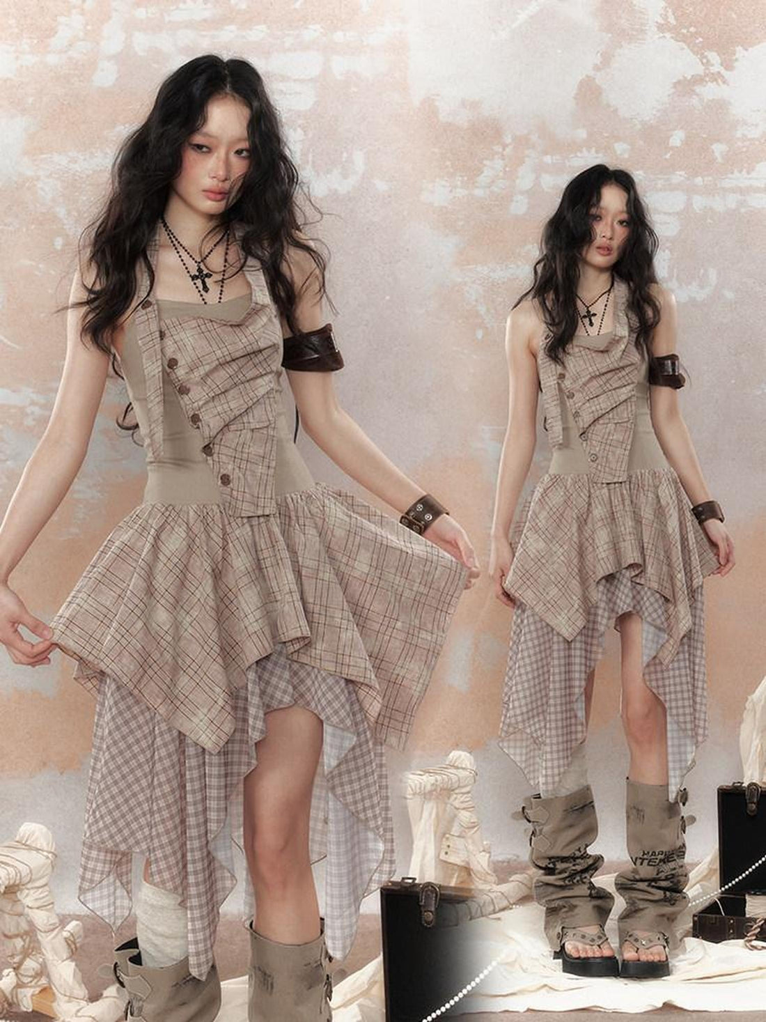 ALL iN plan High Waist Asymmetric Patchwork Spaghetti Strap Khaki Casual Midi Dresses
