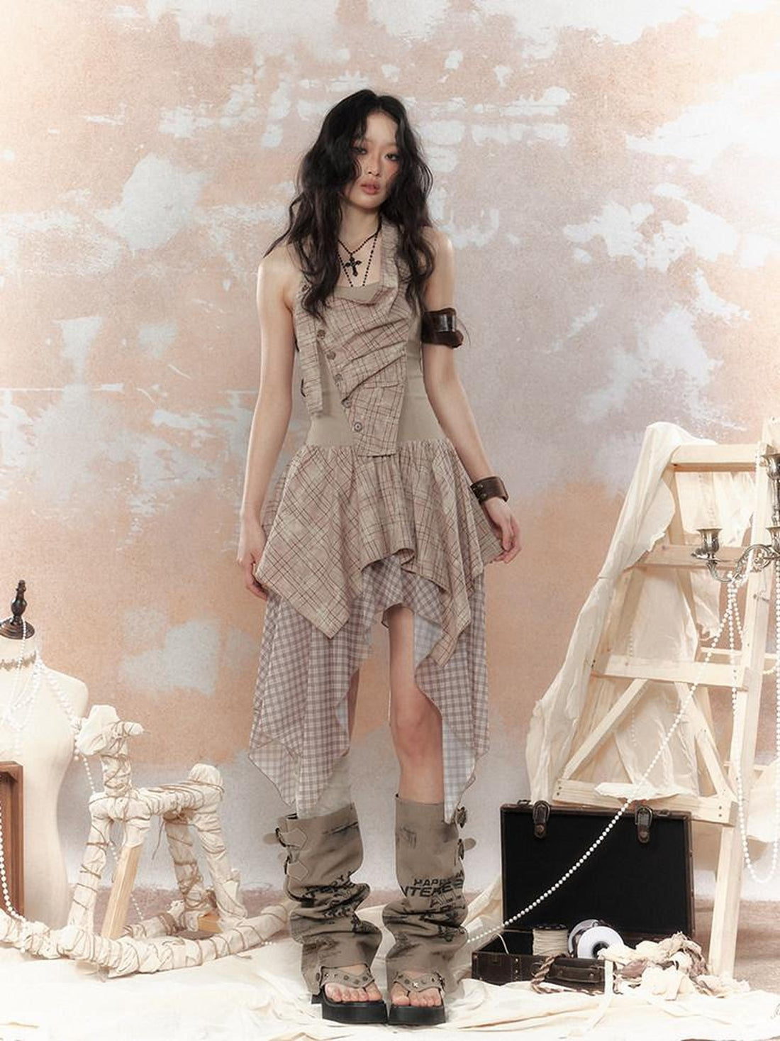 ALL iN plan High Waist Asymmetric Patchwork Spaghetti Strap Khaki Casual Midi Dresses