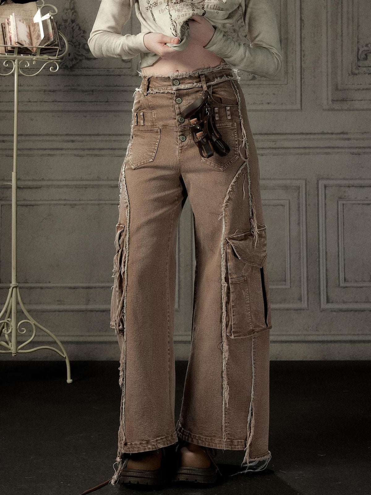 ALL iN plan High Waist Distressed Wide-leg Jeans Women&