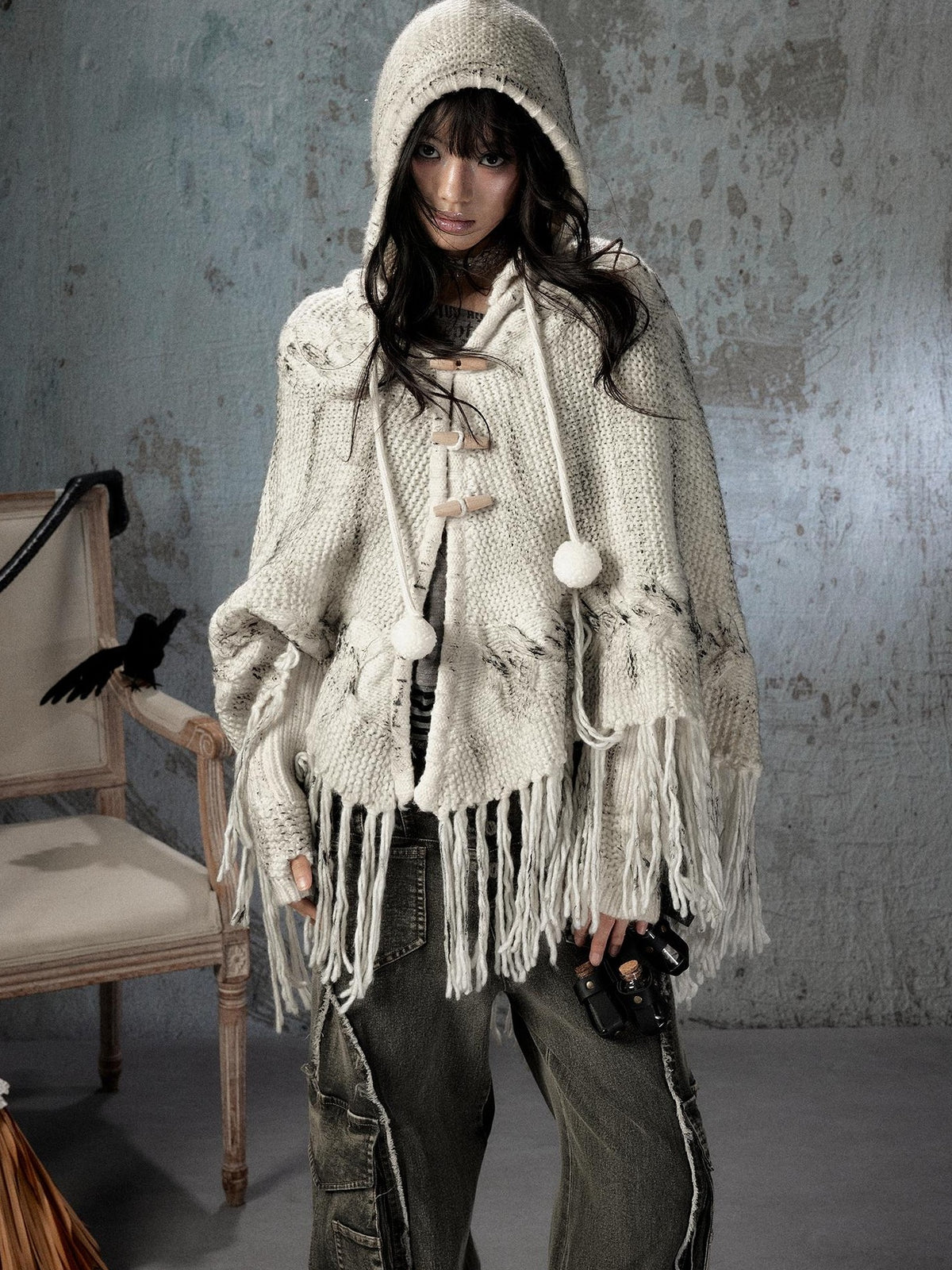 ALL iN plan Hooded Fringed Knit Women&