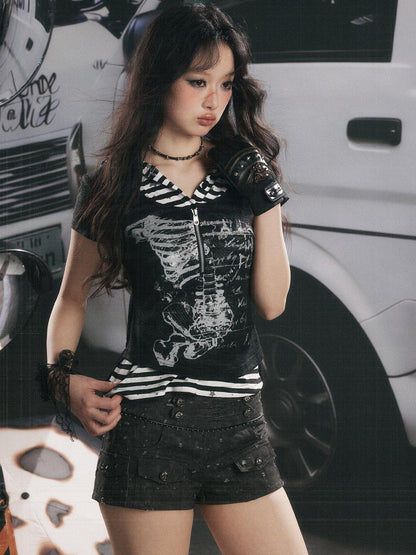 ALL iN plan Hooded Striped Splice Faux Layered Women&