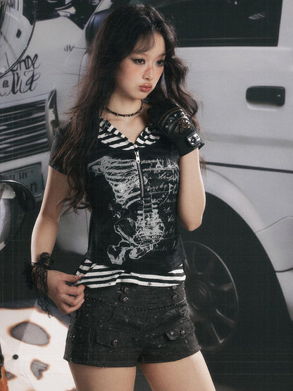 ALL iN plan Hooded Striped Splice Faux Layered Women&