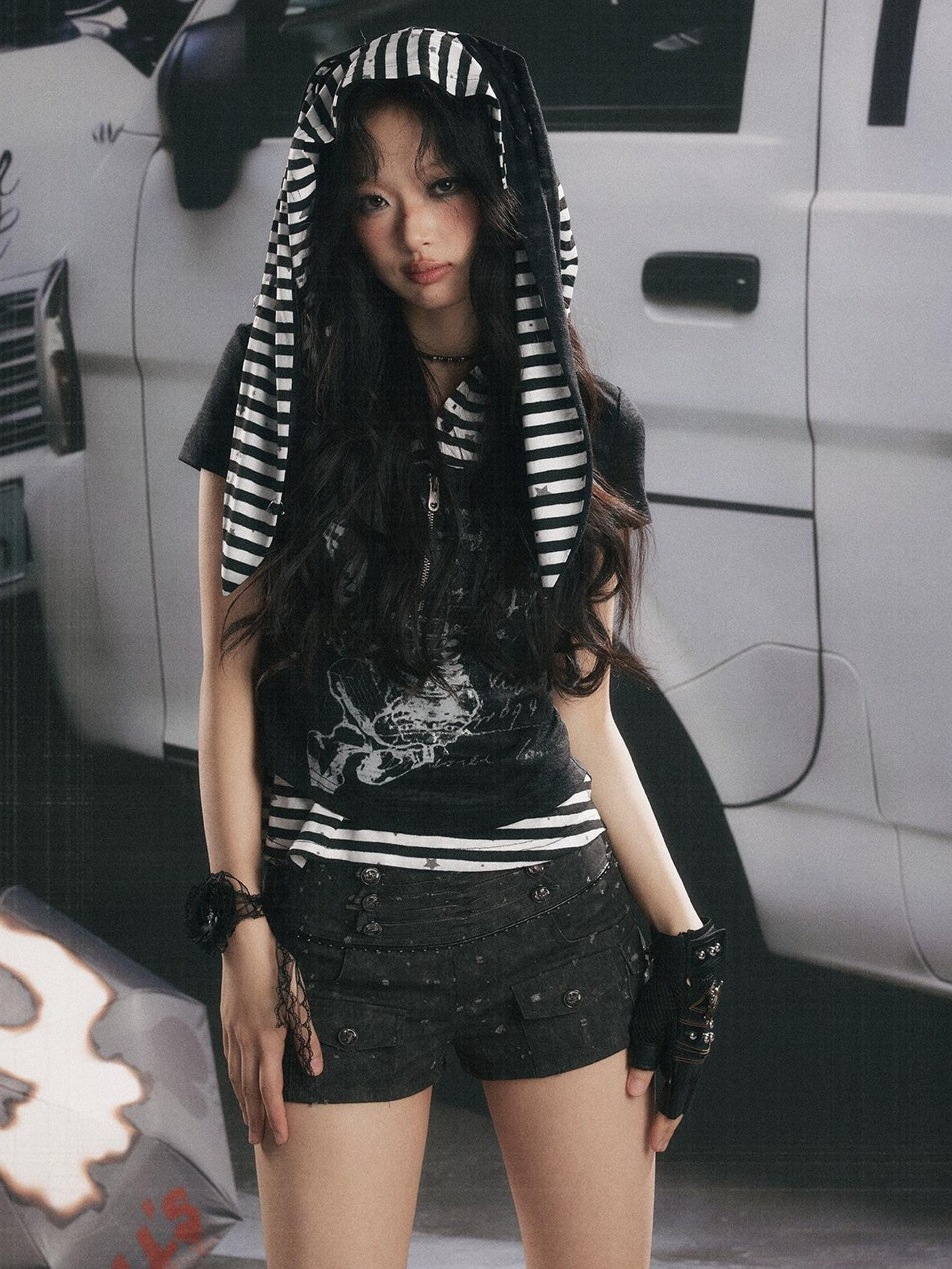 ALL iN plan Hooded Striped Splice Faux Layered Women&