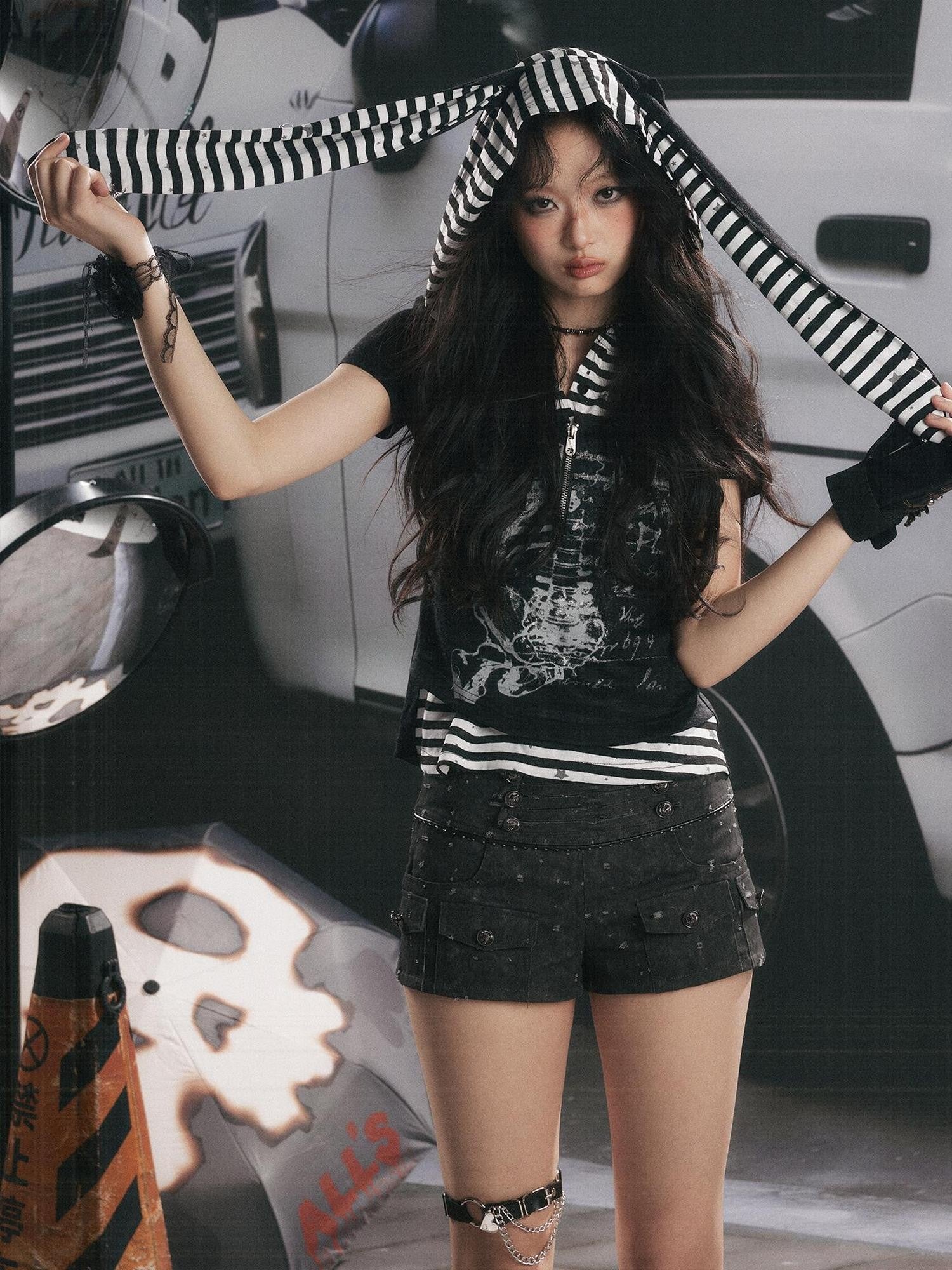 ALL iN plan Hooded Striped Splice Faux Layered Women&