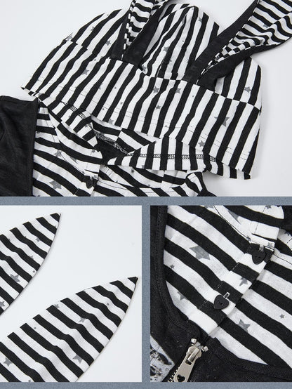ALL iN plan Hooded Striped Splice Faux Layered Women&