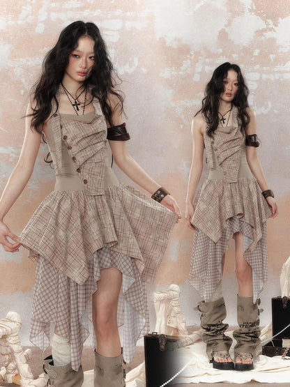 Industrial Goth Asymmetric Neckline Maxi Dress