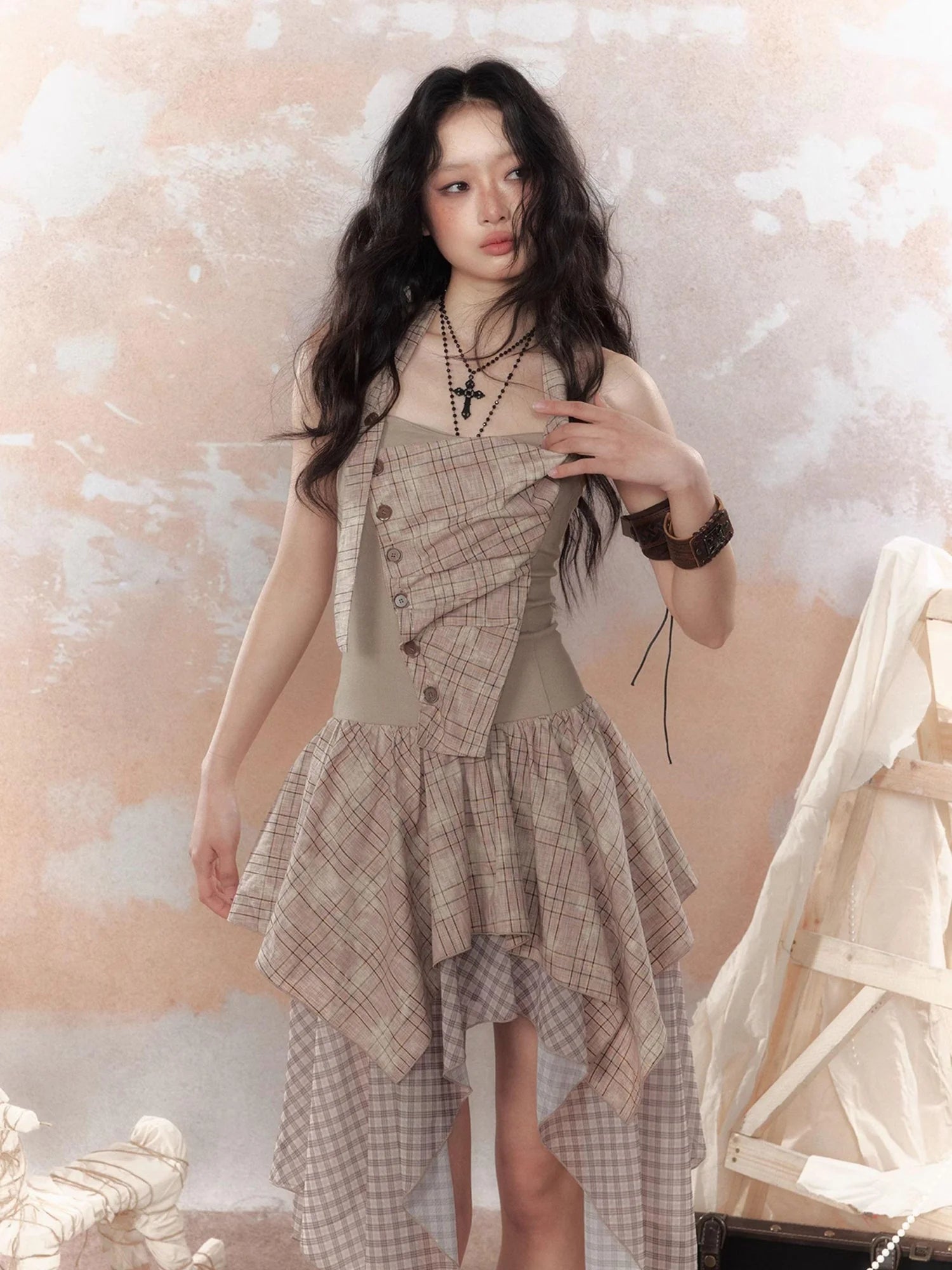 Industrial Goth Asymmetric Neckline Maxi Dress