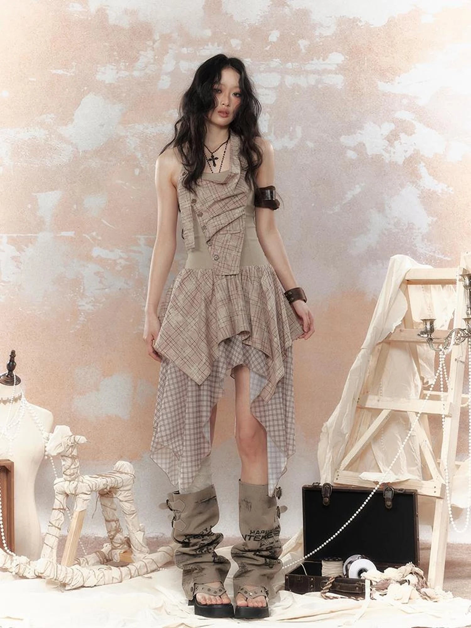 Industrial Goth Asymmetric Neckline Maxi Dress