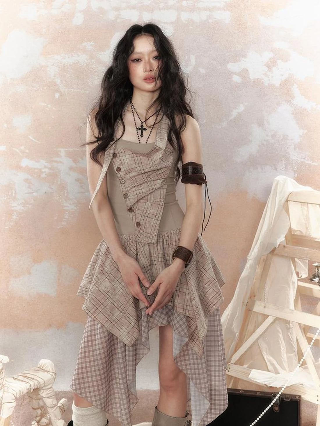 Industrial Goth Asymmetric Neckline Maxi Dress