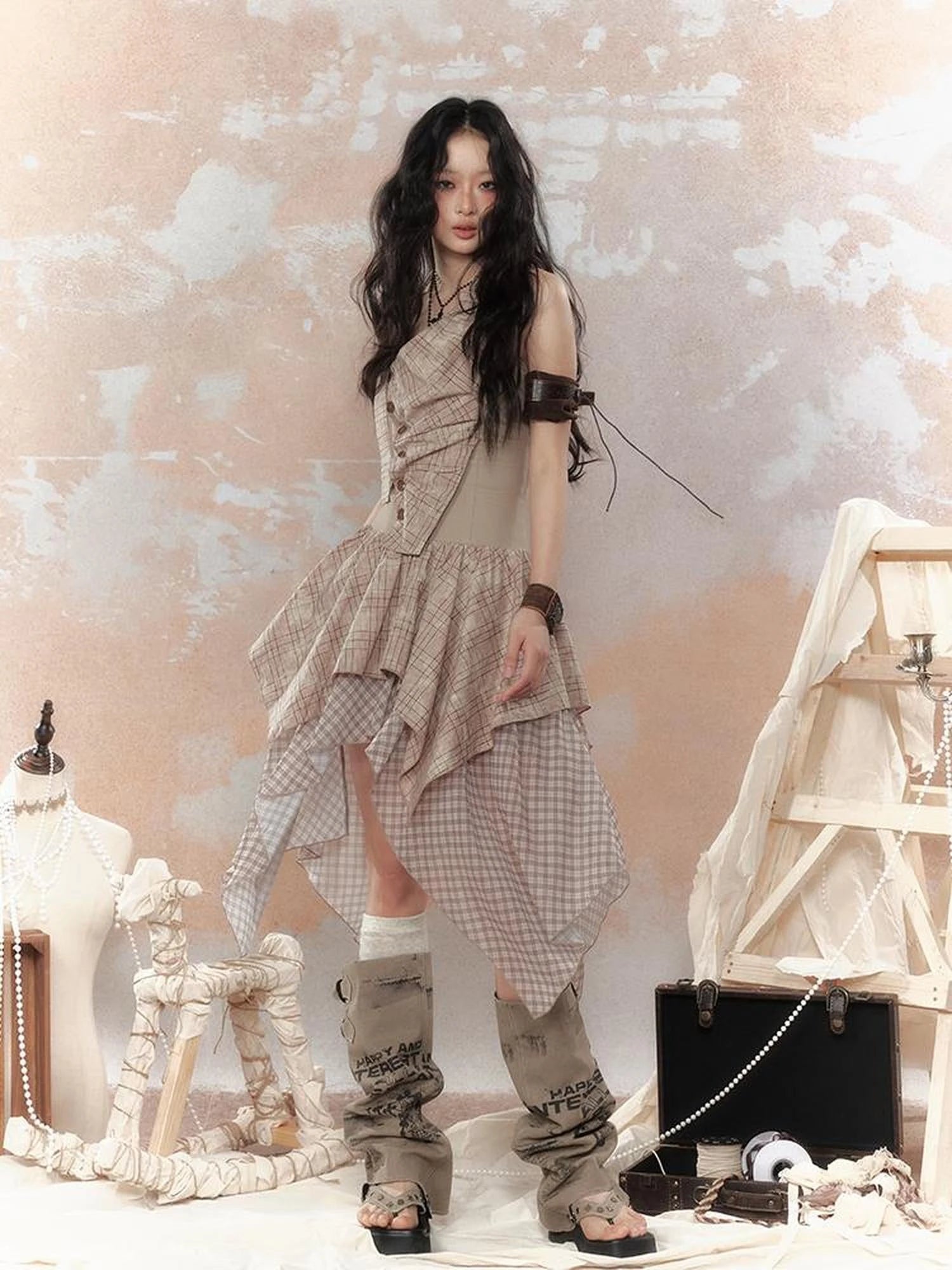 Industrial Goth Asymmetric Neckline Maxi Dress