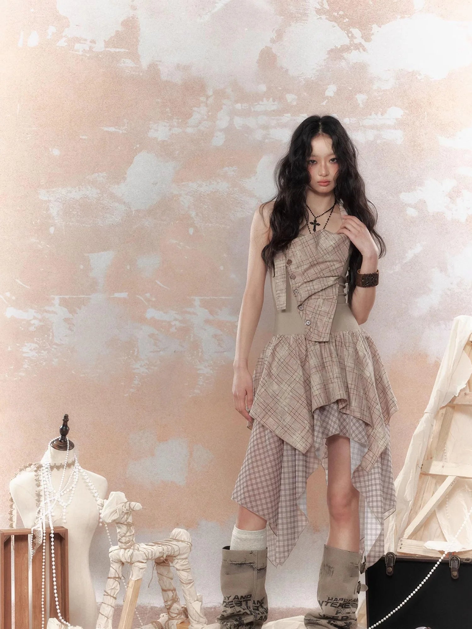 Industrial Goth Asymmetric Neckline Maxi Dress