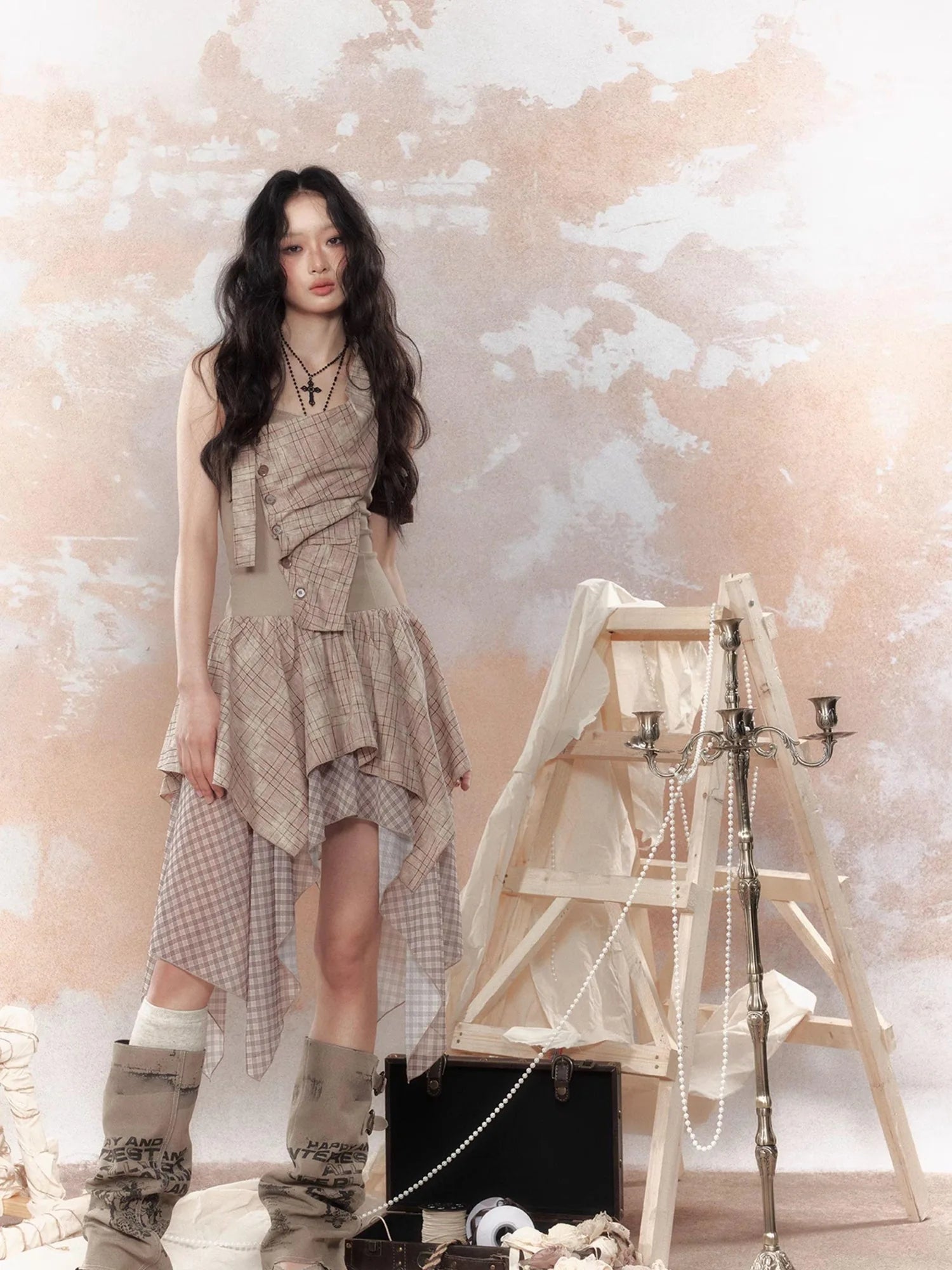 Industrial Goth Asymmetric Neckline Maxi Dress