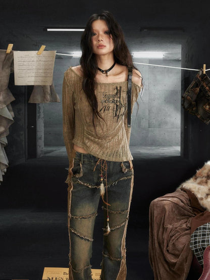 Industrial Punk Micro Print Off Shoulder Top