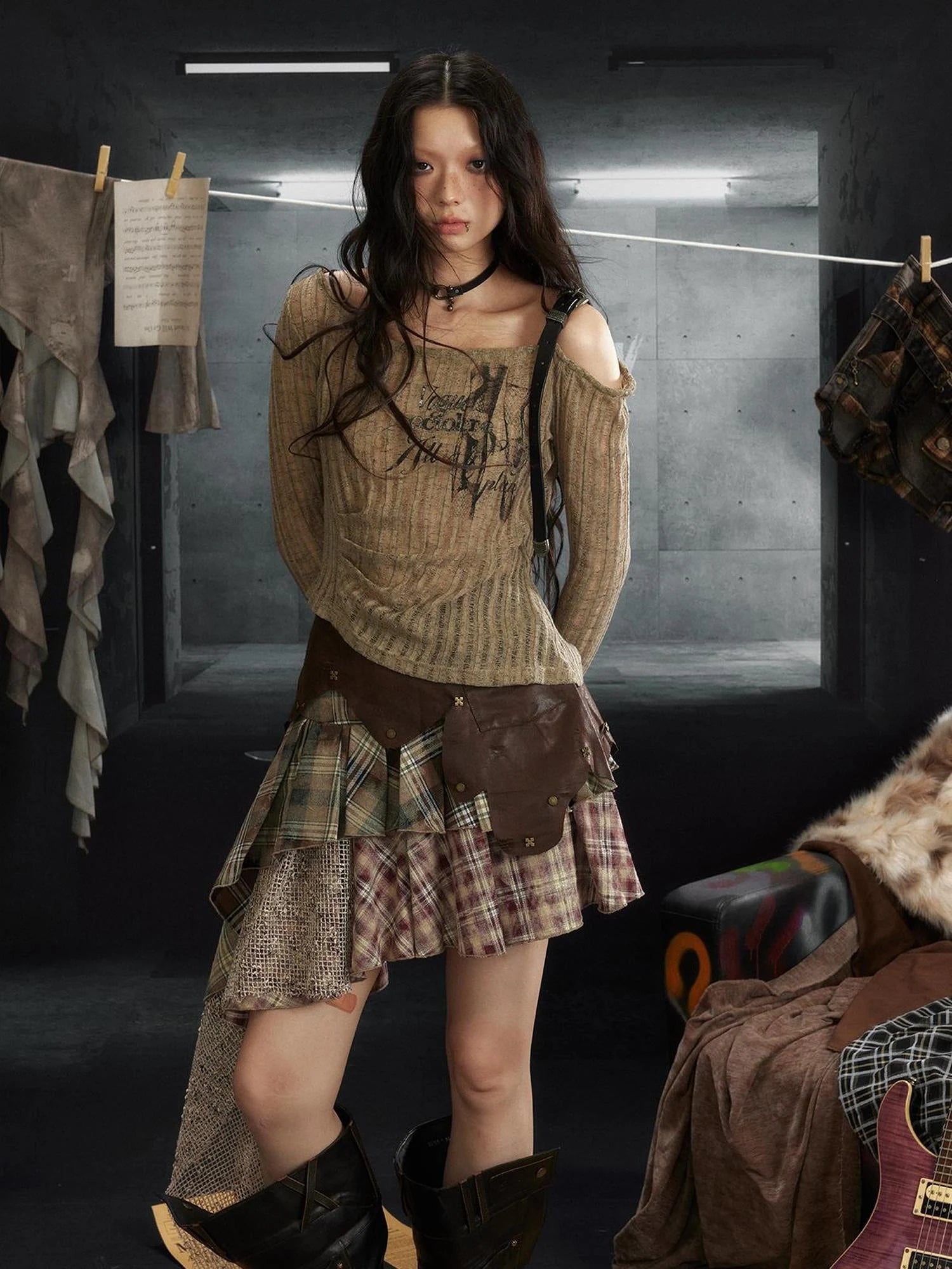 Industrial Punk Micro Print Off Shoulder Top