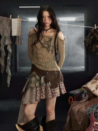 Industrial Punk Micro Print Off Shoulder Top