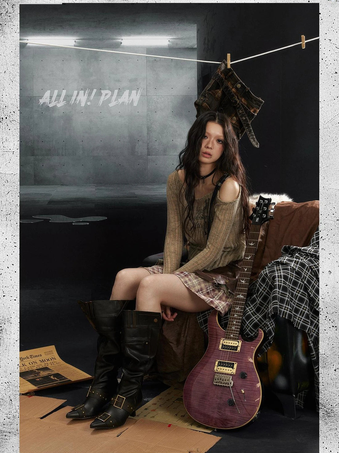 Industrial Punk Micro Print Off Shoulder Top