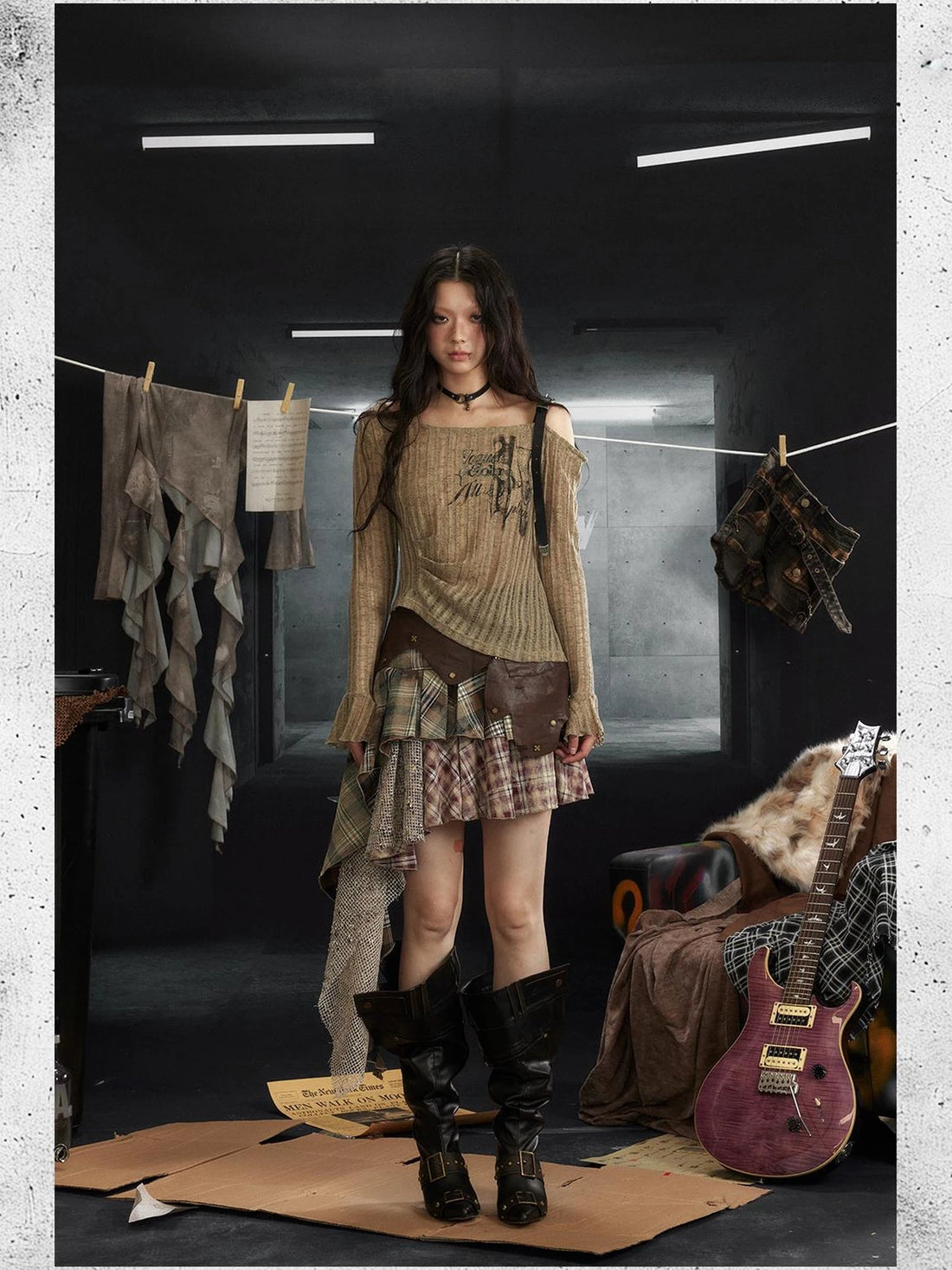 Industrial Punk Micro Print Off Shoulder Top