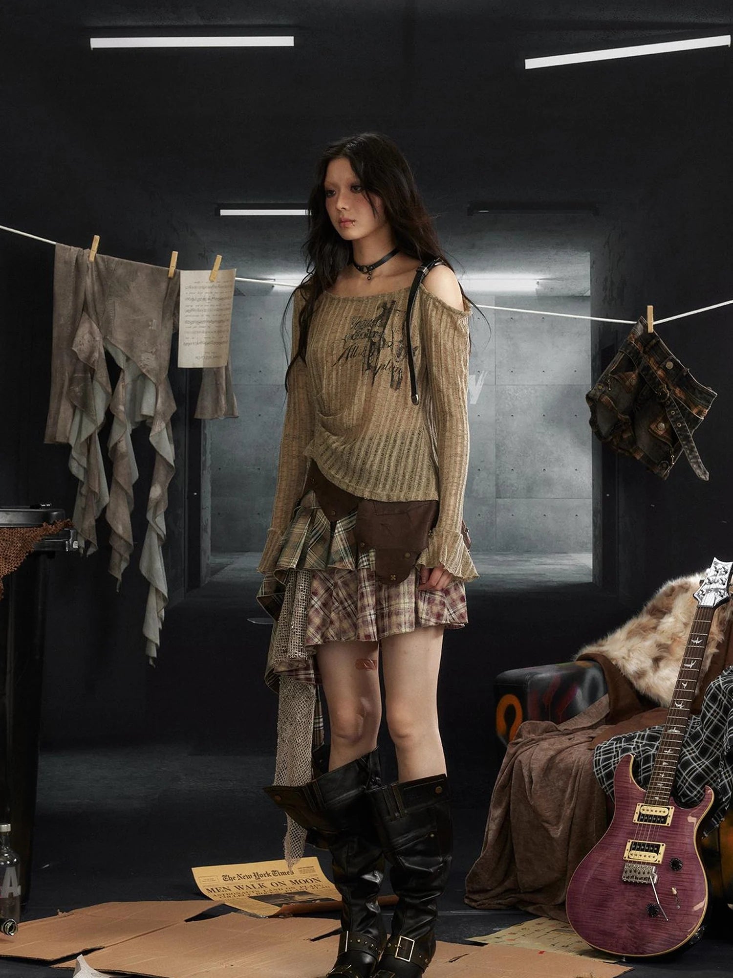 Industrial Punk Micro Print Off Shoulder Top