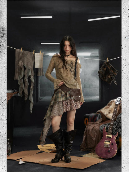 Industrial Punk Micro Print Off Shoulder Top