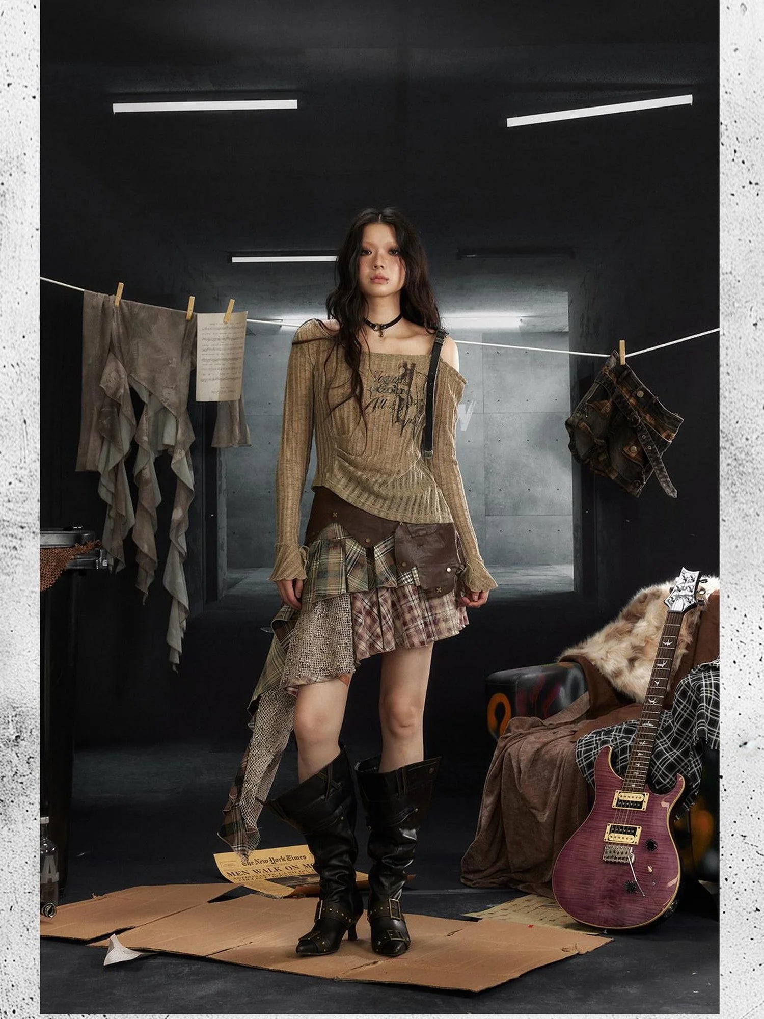 Industrial Punk Micro Print Off Shoulder Top