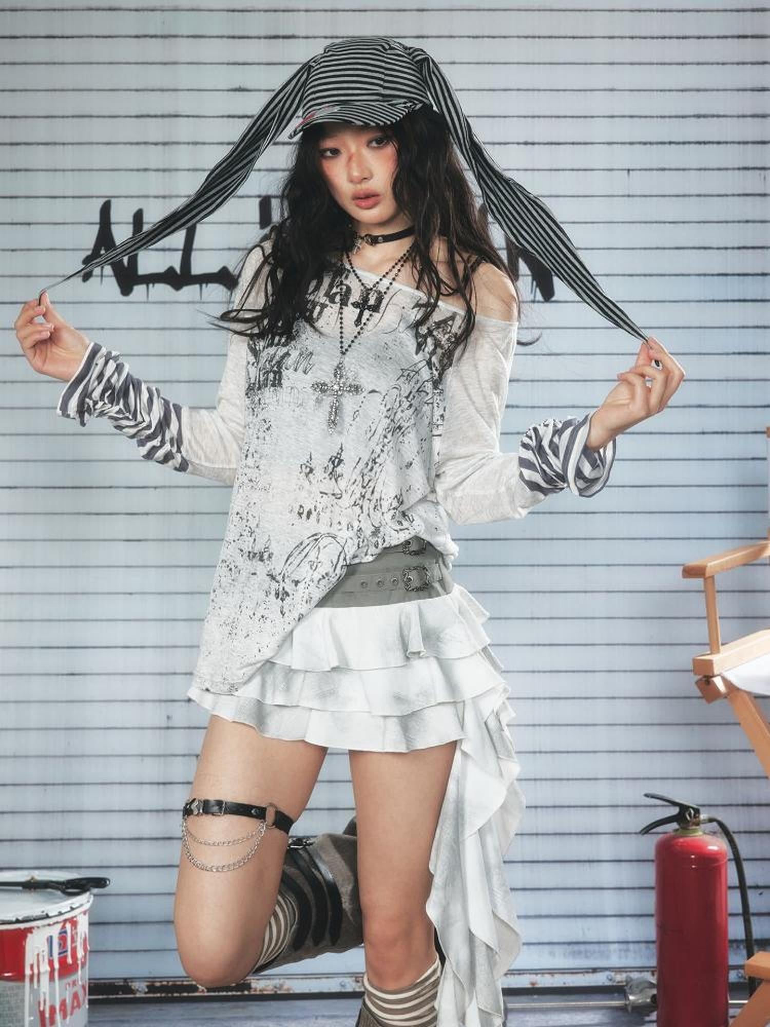 ALL iN plan Industrial Punk Ruffle Layered Mini Skirt