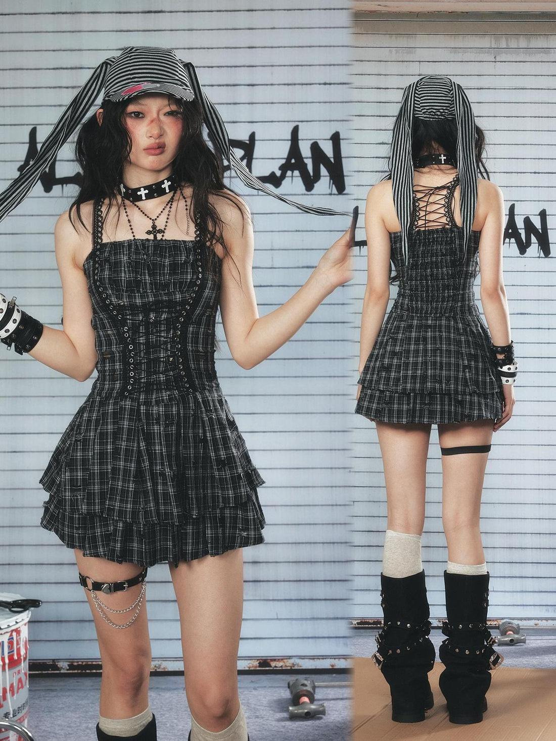 ALL iN plan Industrial Punk Welded Mini Dress With Lacing