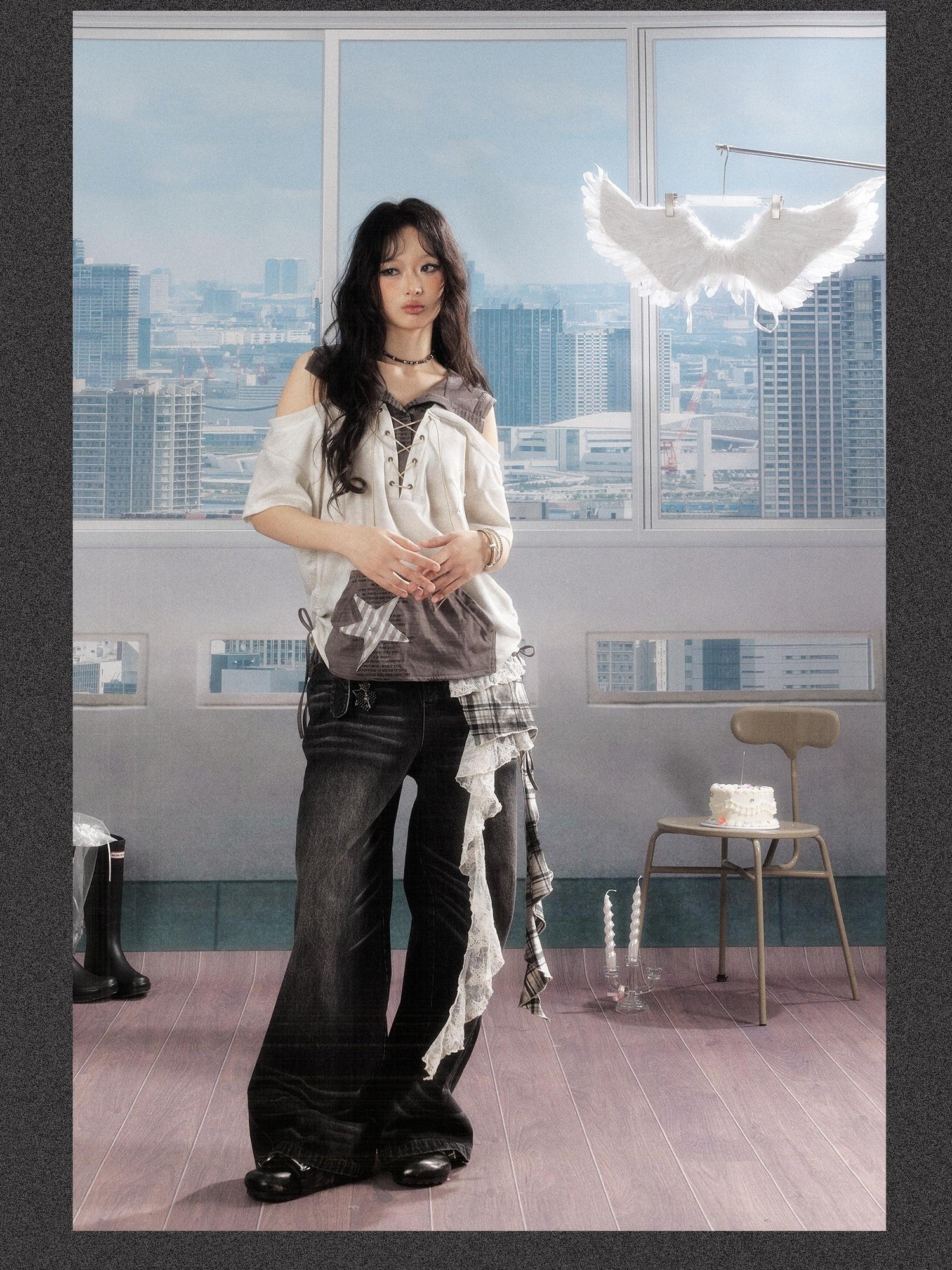 ALL iN plan Ivory Hooded Faux Layered Drawcord Star Women&