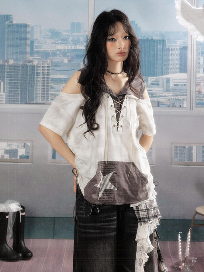 ALL iN plan Ivory Hooded Faux Layered Drawcord Star Women&