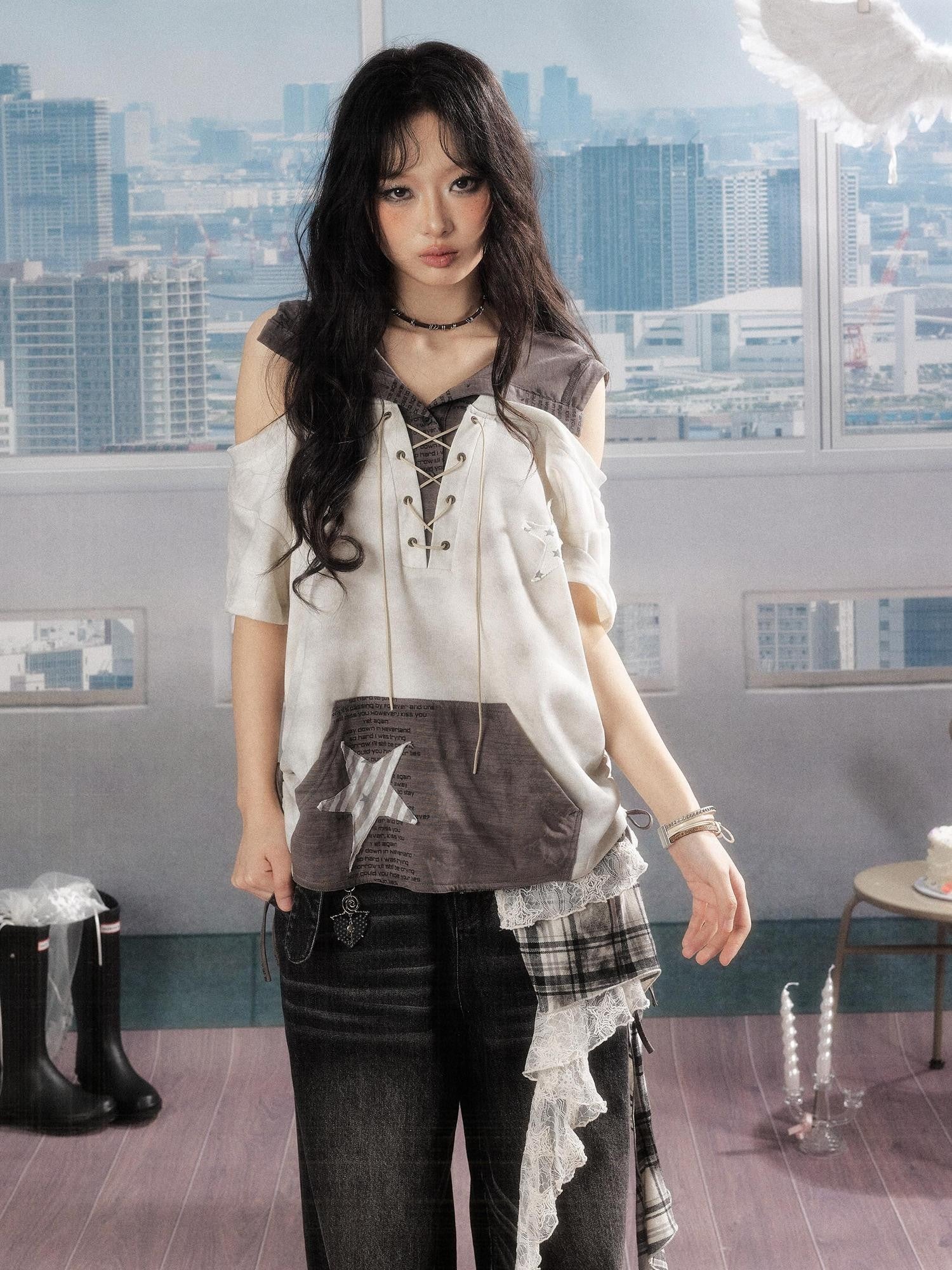 ALL iN plan Ivory Hooded Faux Layered Drawcord Star Women&
