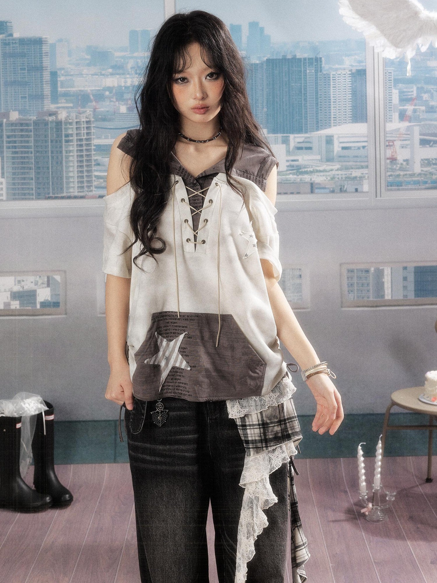 ALL iN plan Ivory Hooded Faux Layered Drawcord Star Women&