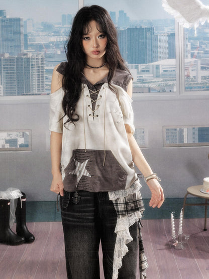ALL iN plan Ivory Hooded Faux Layered Drawcord Star Women&