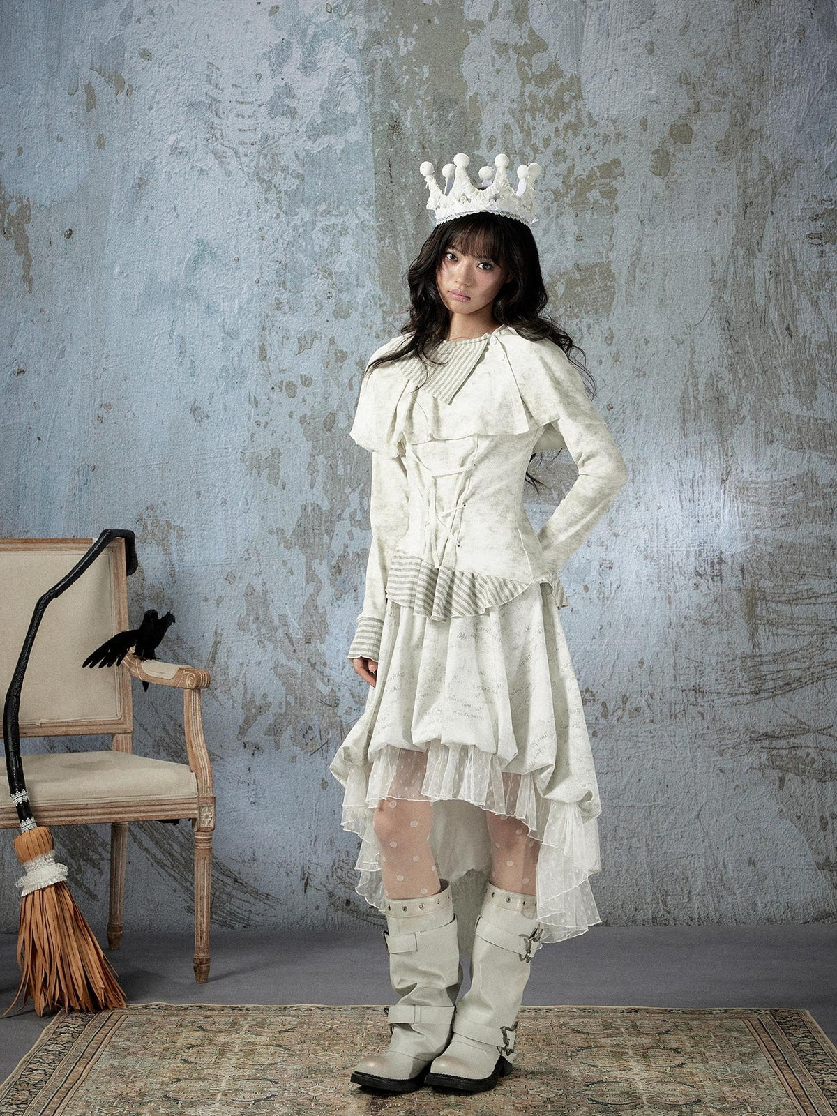 ALL iN plan Ivory Lace Irregular Tiered Smocked Waist Women&