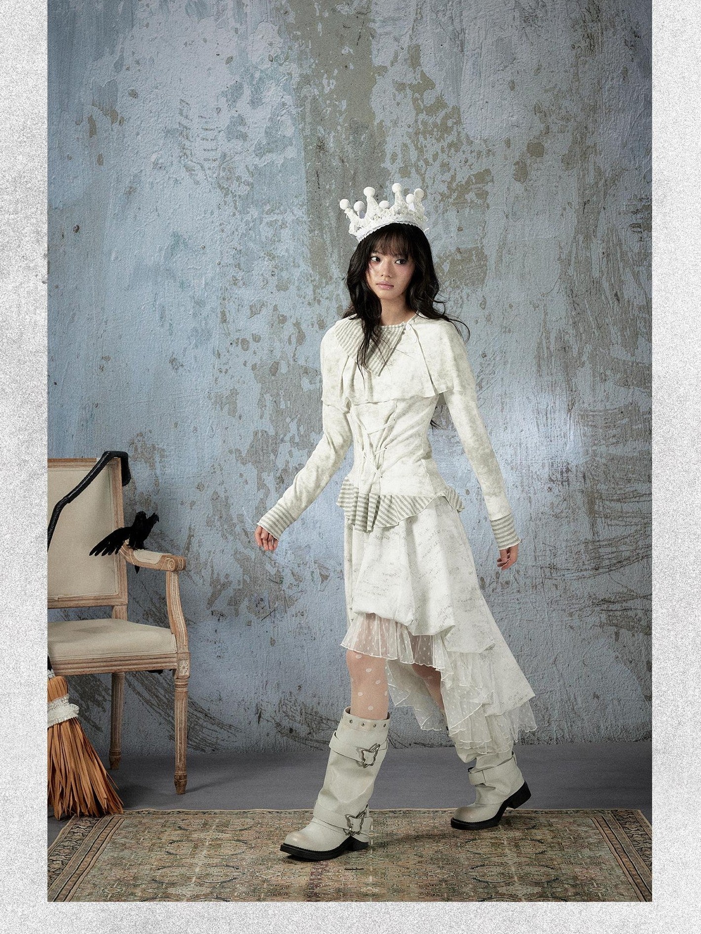 ALL iN plan Ivory Lace Irregular Tiered Smocked Waist Women&