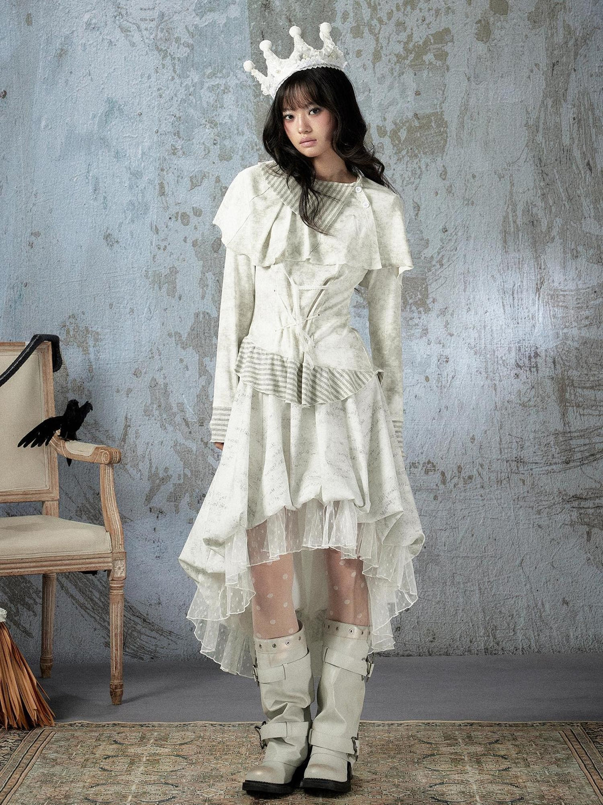 ALL iN plan Ivory Lace Irregular Tiered Smocked Waist Women&