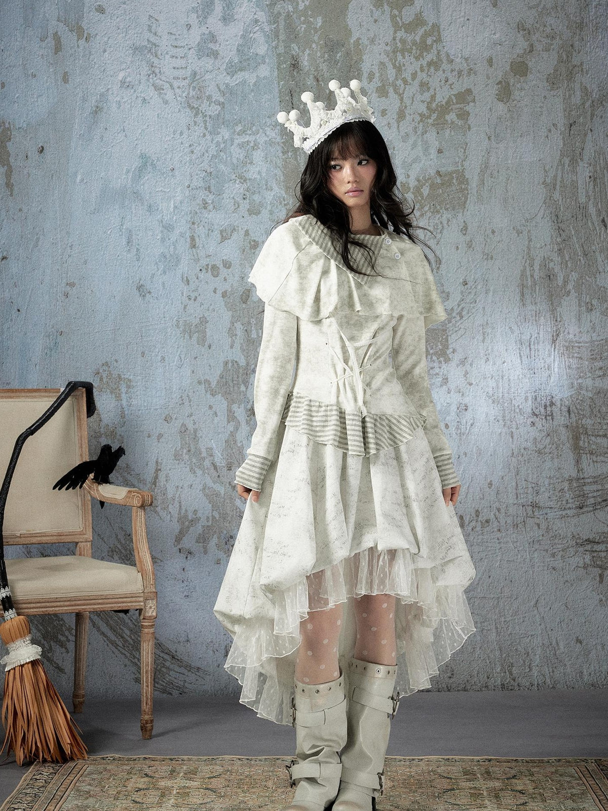ALL iN plan Ivory Lace Irregular Tiered Smocked Waist Women&