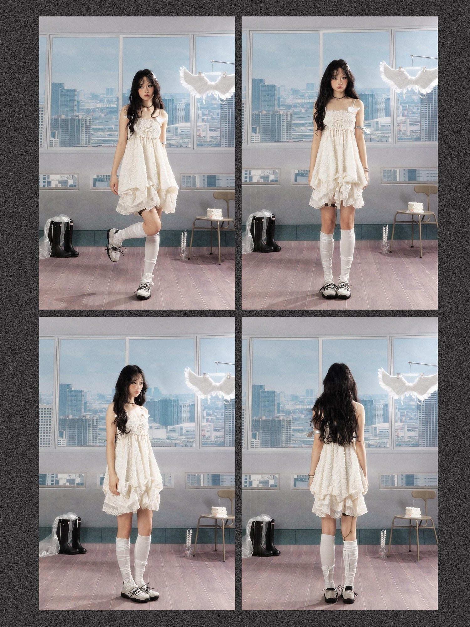 ALL iN plan Ivory Lace Panel Shirred Ruching Women&