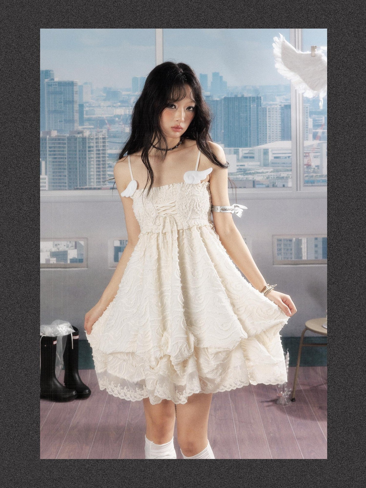 ALL iN plan Ivory Lace Panel Shirred Ruching Women&