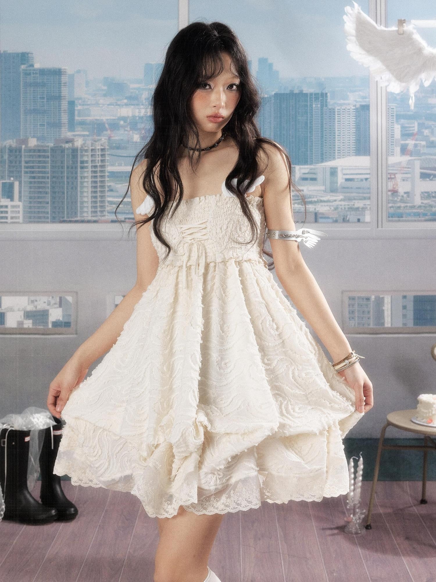 ALL iN plan Ivory Lace Panel Shirred Ruching Women&