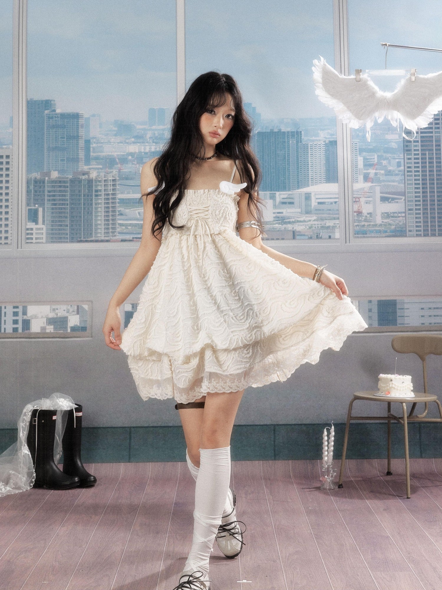 ALL iN plan Ivory Lace Panel Shirred Ruching Women&