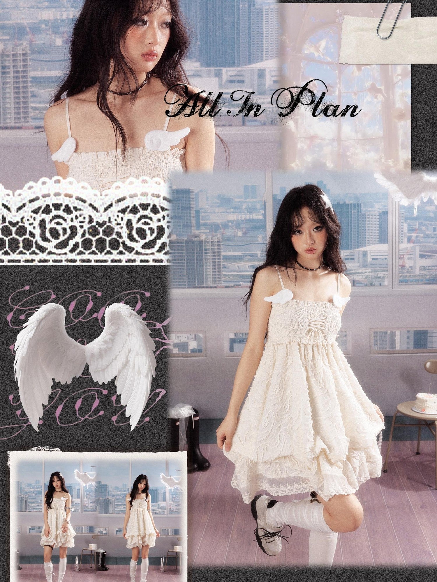 ALL iN plan Ivory Lace Panel Shirred Ruching Women&